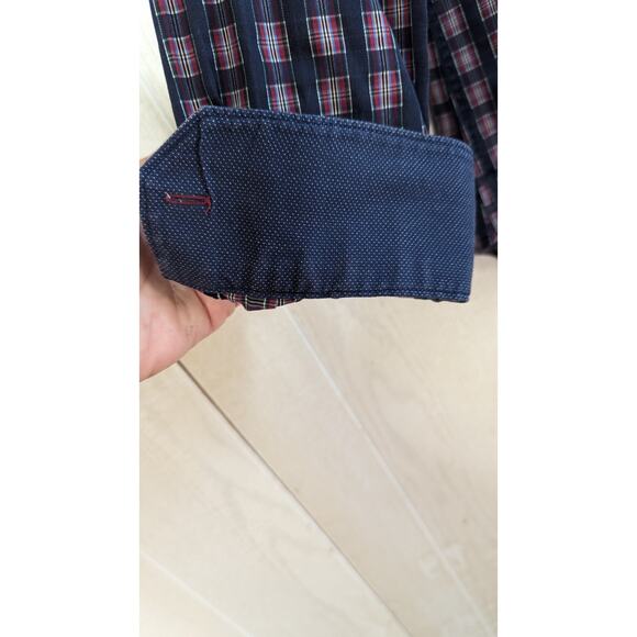 Bugatchi men shaped fit plaid navy button up dress shirt long sleeve Medium - Picture 6 of 9